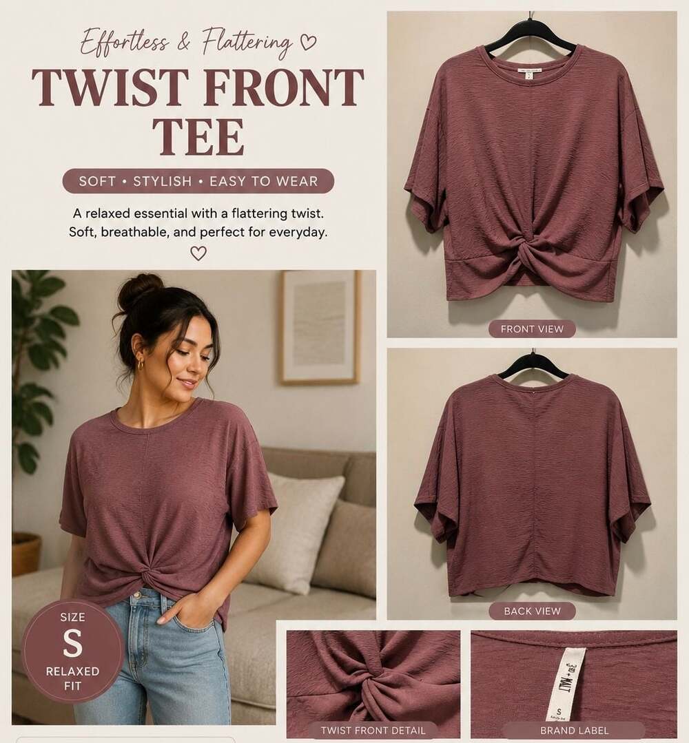 3RD + MALT Relaxed Fit Twist Front Mauve Cropped Tee